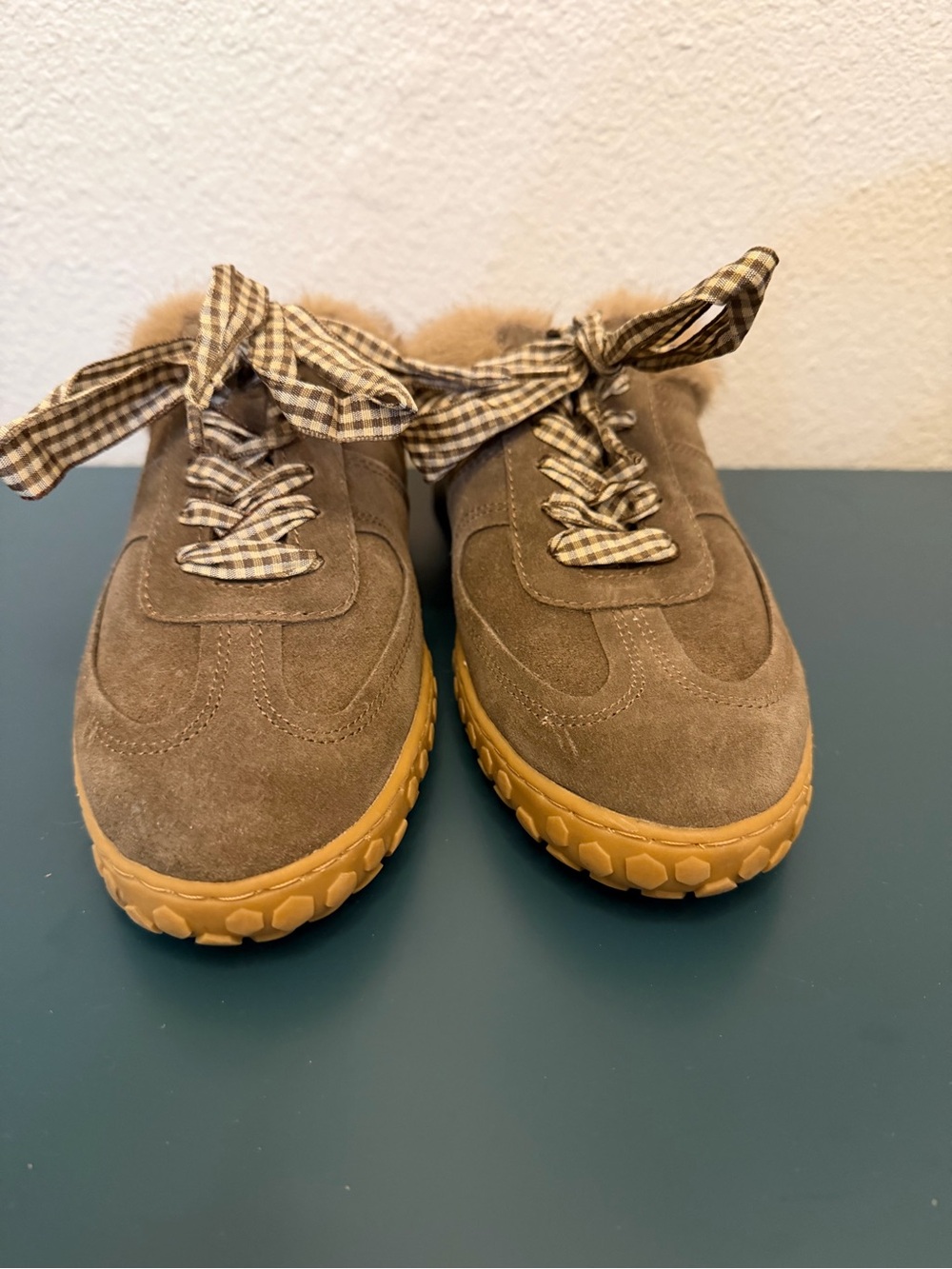 Dolce Vita Taupe Suede Sneakers with faux fur trim and fun plaid laces